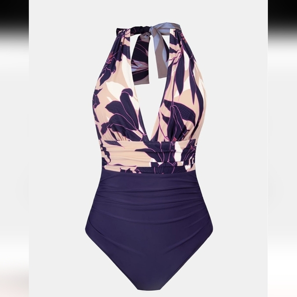 CUPSHE Women V Neck One Piece Swimsuit Halter Ruched Tummy Control XL NWT - Picture 7 of 9